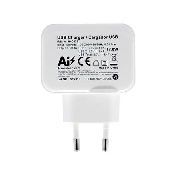 Aisens  Cargador USB 17W 5V 34A 2x USB Coloe blanco