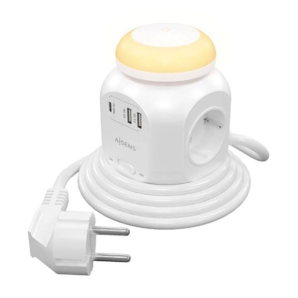 Aisens ASPS2A1CLPQ02W  4 Tomas  1xUSBC 20W PD30  2xUSBA 18W QC30  Luz Nocturna  18M Blanco  Regleta de Enchufes Sobremesa Multifuncion