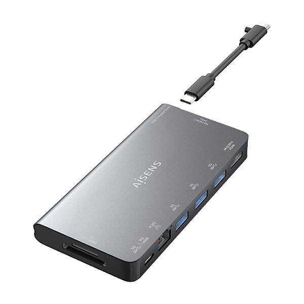 Aisens ASUC8P015GR  Dock 8 en 1  USBC a HDMI  RJ45  3x USBA  USBC  SD  Micro SD  Gris  10cm  Docking Station