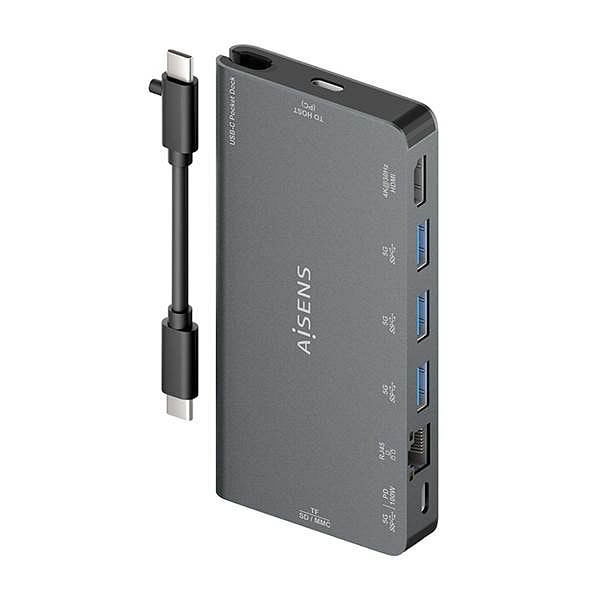 Aisens ASUC8P015GR  Dock 8 en 1  USBC a HDMI  RJ45  3x USBA  USBC  SD  Micro SD  Gris  10cm  Docking Station