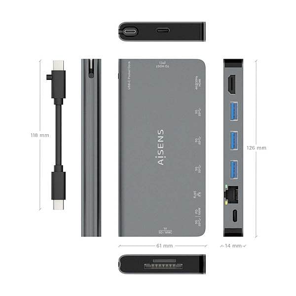 Aisens ASUC8P015GR  Dock 8 en 1  USBC a HDMI  RJ45  3x USBA  USBC  SD  Micro SD  Gris  10cm  Docking Station