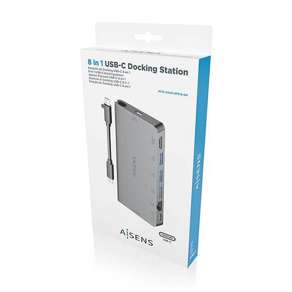 Aisens ASUC8P015GR  Dock 8 en 1  USBC a HDMI  RJ45  3x USBA  USBC  SD  Micro SD  Gris  10cm  Docking Station