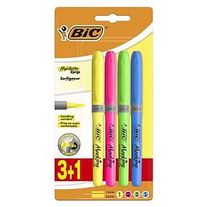 Bic Highlighter Grip Pack de 4 Marcadores Fluorescentes  Tinta con Base de Agua  Punta Biselada  Trazo entre 160 y 330mm  Colores Surtidos