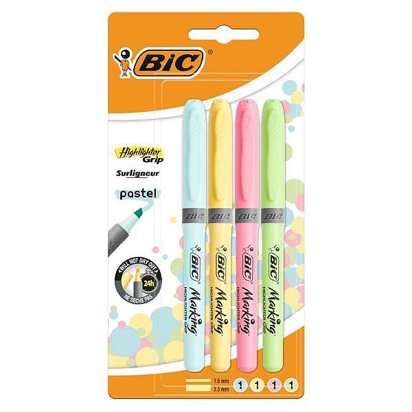 Bic Highlighter Grip Pack de 4 Marcadores Fluorescente Pastel  Tinta con Base de Agua  Punta Biselada  Trazo entre 160 y 330mm  Colores Surtidos