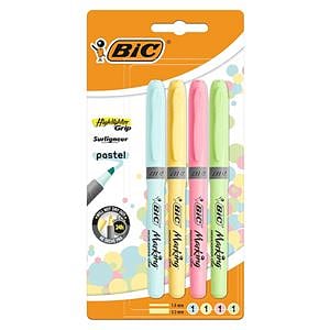 Bic Highlighter Grip Pack de 4 Marcadores Fluorescente Pastel  Tinta con Base de Agua  Punta Biselada  Trazo entre 160 y 330mm  Colores Surtidos