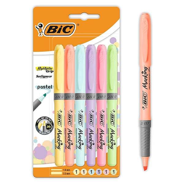 Bic Highlighter Grip Pack de 6 Marcadores Fluorescentes Pastel  Tinta con Base de Agua  Punta Biselada  Trazo entre 160 y 330mm  Colores Surtidos