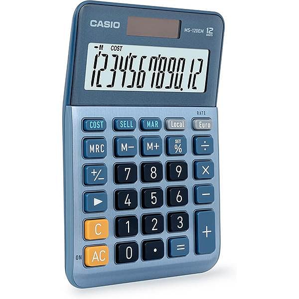 Casio MS120EM Calculadora de Escritorio  Pantalla LCD de 12 dígitos Solar y Pilas Color Azul