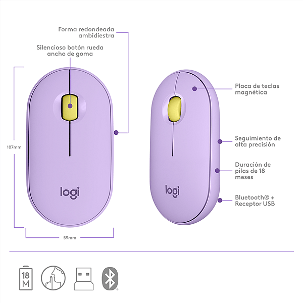 Logitech Pebble M350 Óptico Bluetooth Limonada de Lavanda  Ratón