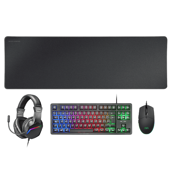 Mars Gaming MCPRGB3  Combo 4 en 1 Teclado TKL HMech RED  Ratón Gaming RGB  Alfombrilla XXL  Auriculares RGB  Pack Gaming Periféricos