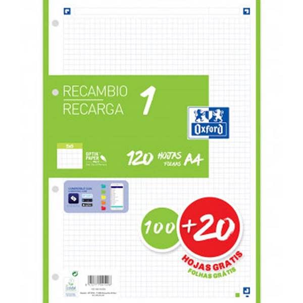 Oxford Recambio 5 Verde 10020 Hojas DINA4 4 taladros 90g Cuadros 5x5mm