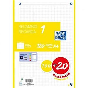 Oxford Recambio 5 Lima 10020 Hojas DINA4 4 taladros 90g Cuadros 5x5mm