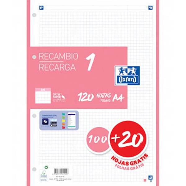 Oxford Recambio 5 Rosa Chicle 10020 Hojas DINA4 4 taladros 90g Cuadros 5x5mm