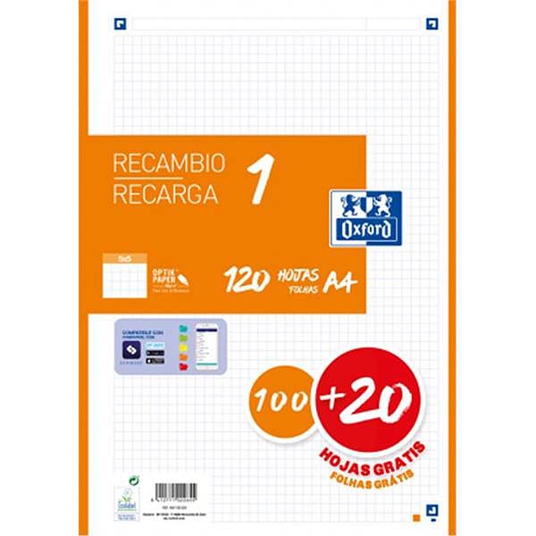 Oxford Recambio 5 Naranja 10020 Hojas DINA4 4 taladros 90g Cuadros 5x5mm