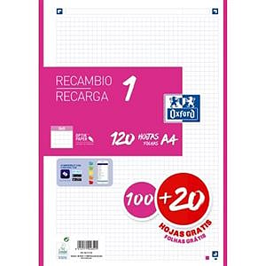 Oxford Recambio 5 Fucsia 10020 Hojas DINA4 4 taladros 90g Cuadros 5x5mm