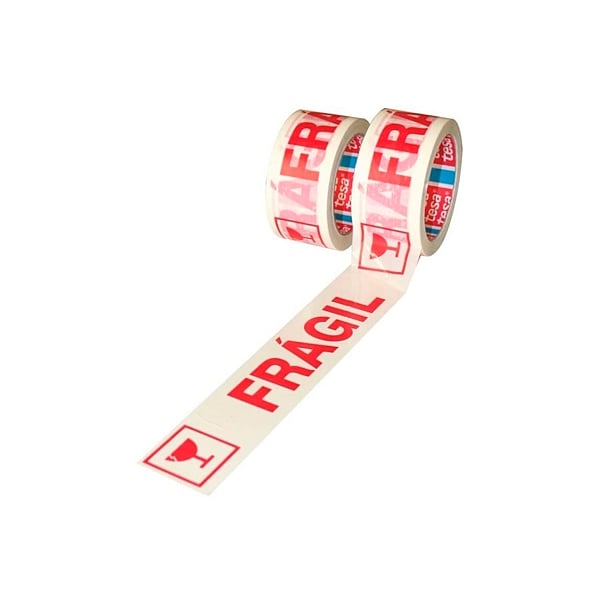 TESA Cinta de embalaje color blanca con letras rojas texto Muy Fragil 5CM diametro y 66 Metros Precinto de alta calidad