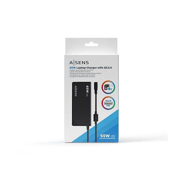 Aisens ASLC65WAUTOBK  65W  9 Conectores  USB 30  Cargador de Portátil