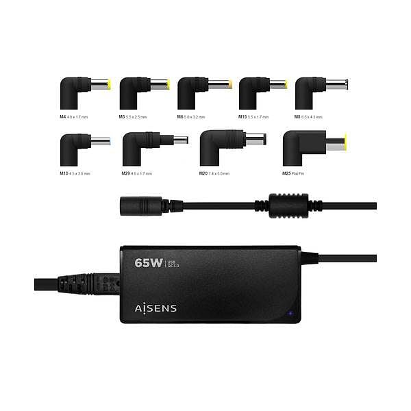 Aisens ASLC65WAUTOBK  65W  9 Conectores  USB 30  Cargador de Portátil