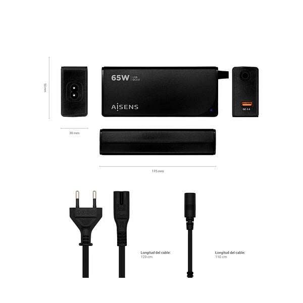 Aisens ASLC65WAUTOBK  65W  9 Conectores  USB 30  Cargador de Portátil