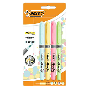 Bic Highlighter Grip Pack de 4 Marcadores Fluorescente Pastel  Tinta con Base de Agua  Punta Biselada  Trazo entre 160 y 330mm  Colores Surtidos
