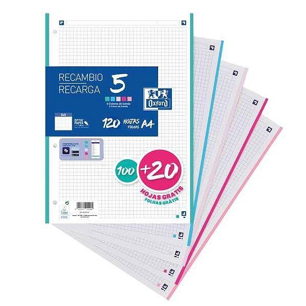 Oxford Recambio 5 Colores Pastel 10020 Hojas DINA4 4 taladros 90g Cuadros 5x5mm