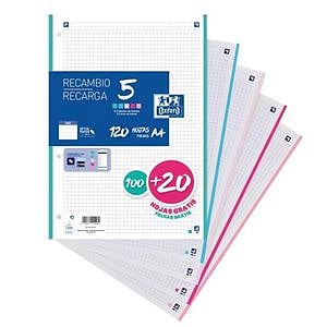 Oxford Recambio 5 Colores Pastel 10020 Hojas DINA4 4 taladros 90g Cuadros 5x5mm