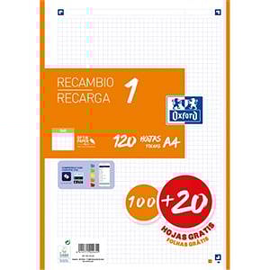 Oxford Recambio 5 Naranja 10020 Hojas DINA4 4 taladros 90g Cuadros 5x5mm