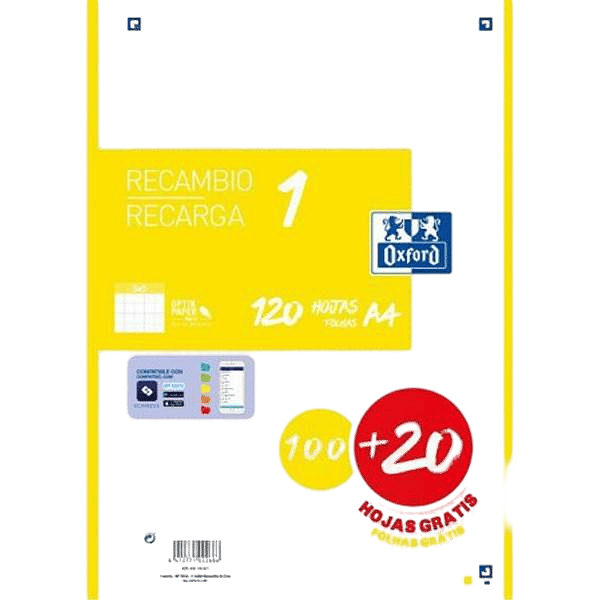 Oxford Recambio 5 Lima 10020 Hojas DINA4 4 taladros 90g Cuadros 5x5mm