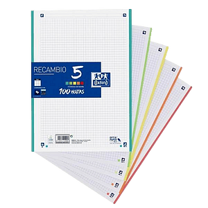 Oxford Recambio 5 Colores Vivos 10020 Hojas DINA4 4 taladros 90g Cuadros 5x5mm