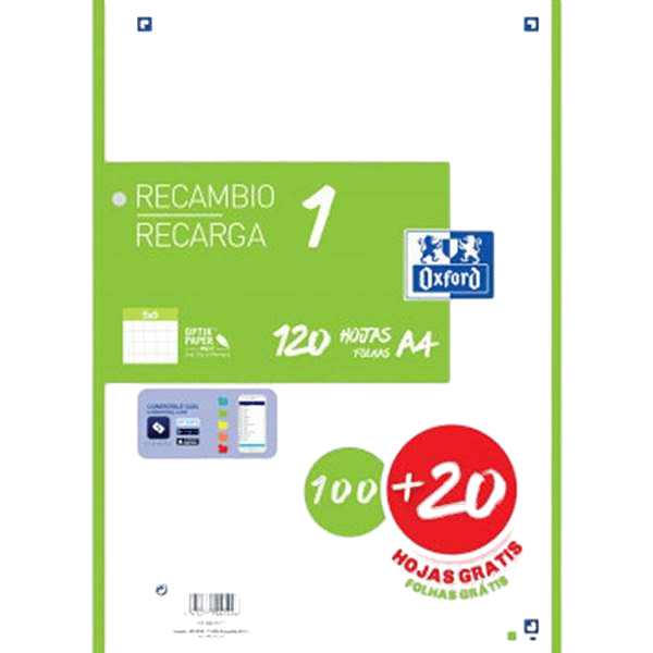 Oxford Recambio 5 Verde 10020 Hojas DINA4 4 taladros 90g Cuadros 5x5mm