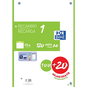 Oxford Recambio 5 Verde 10020 Hojas DINA4 4 taladros 90g Cuadros 5x5mm