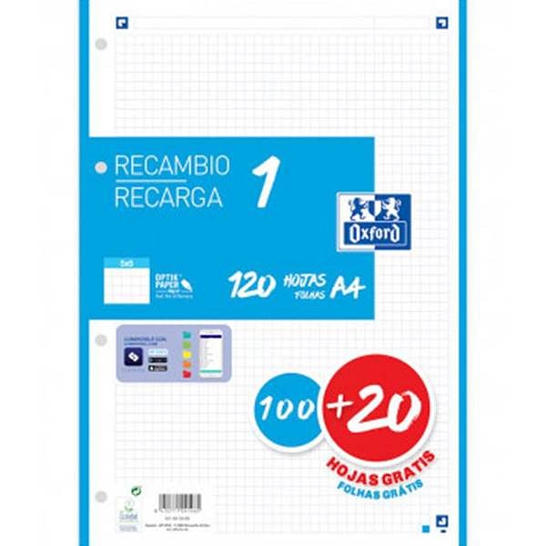 Oxford Recambio 5 Turquesa 10020 Hojas DINA4 4 taladros 90g Cuadros 5x5mm