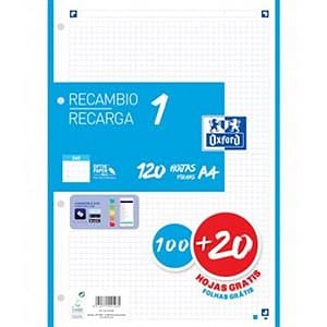 Oxford Recambio 5 Turquesa 10020 Hojas DINA4 4 taladros 90g Cuadros 5x5mm