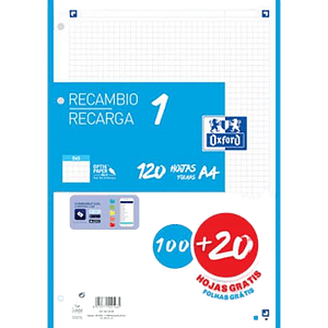 Oxford Recambio 5 Turquesa 10020 Hojas DINA4 4 taladros 90g Cuadros 5x5mm