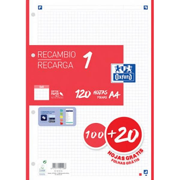 Oxford Recambio 5 Rojo 10020 Hojas DINA4 4 taladros 90g Cuadros 5x5mm