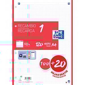 Oxford Recambio 5 Rojo 10020 Hojas DINA4 4 taladros 90g Cuadros 5x5mm