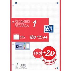 Oxford Recambio 5 Rojo 10020 Hojas DINA4 4 taladros 90g Cuadros 5x5mm