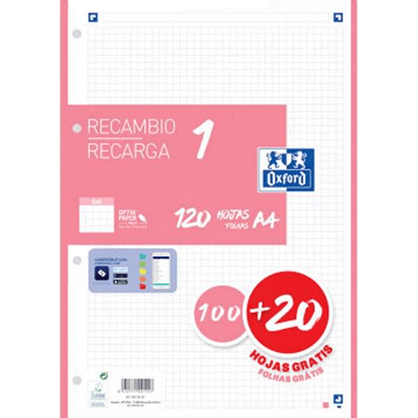 Oxford Recambio 5 Rosa Chicle 10020 Hojas DINA4 4 taladros 90g Cuadros 5x5mm