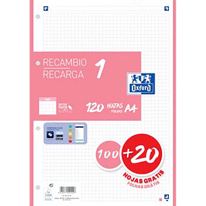 Oxford Recambio 5 Rosa Chicle 10020 Hojas DINA4 4 taladros 90g Cuadros 5x5mm