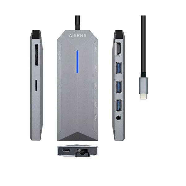 Aisens ASUC9P001GR  HDMI  3x USB  RJ45  Audio  Lector Tarjetas  USBC  MicroSD  USB Dock
