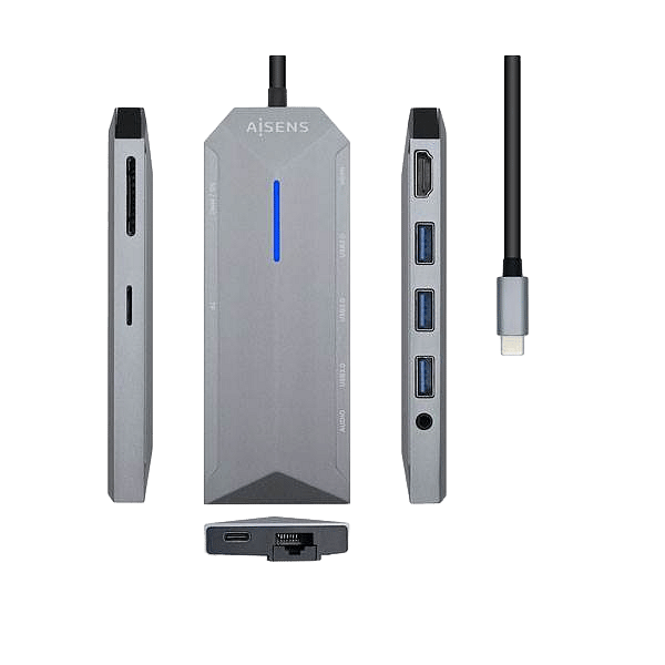 Aisens ASUC9P001GR  HDMI  3x USB  RJ45  Audio  Lector Tarjetas  USBC  MicroSD  USB Dock