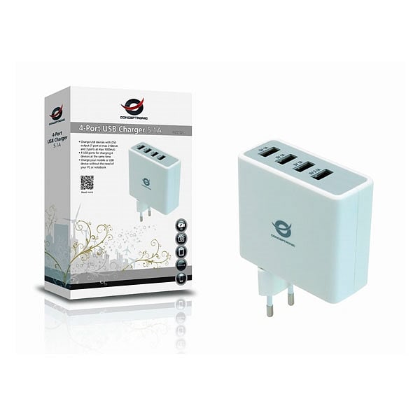 Conceptronic 5V 4xUSB 3x1A y 1x24A a shucko  Adaptador