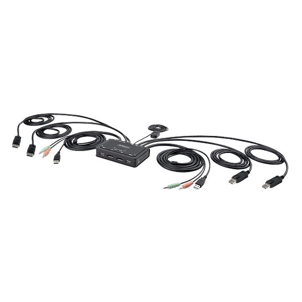 StarTechcom Switch Conmutador KVM de 2 Puertos para 2 Monitores DisplayPort 4K 60Hz Cables USBA DP Audio de 15 m Integrados  Alimentado por el Bus