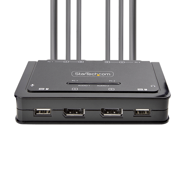 StarTechcom Switch Conmutador KVM de 2 Puertos para 2 Monitores DisplayPort 4K 60Hz Cables USBA DP Audio de 15 m Integrados  Alimentado por el Bus