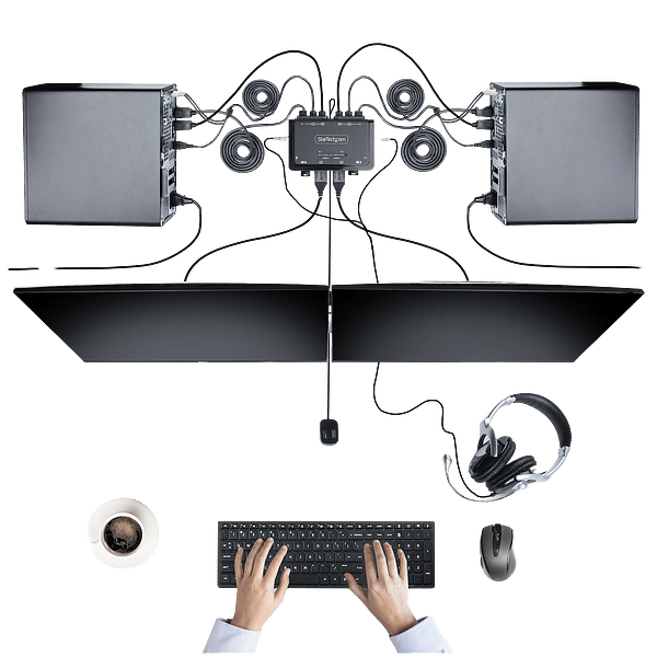 StarTechcom Switch Conmutador KVM de 2 Puertos para 2 Monitores DisplayPort 4K 60Hz Cables USBA DP Audio de 15 m Integrados  Alimentado por el Bus