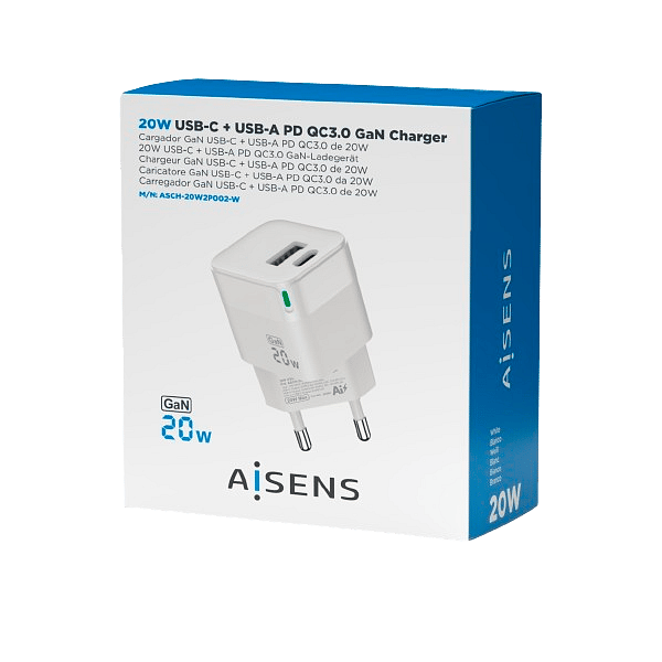 Aisens ASCH20W2P002W  USBA  USBC  20W  Blanco  Cargador USB
