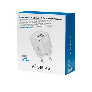 Aisens ASCH20W2P002W  USBA  USBC  20W  Blanco  Cargador USB