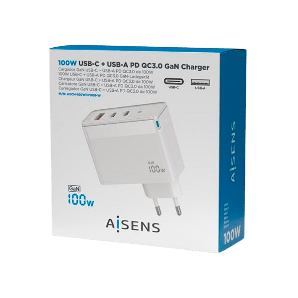 Aisens ASCH100W3P008W  2x USBA  USBC  100W  Blanco  Cargador USB