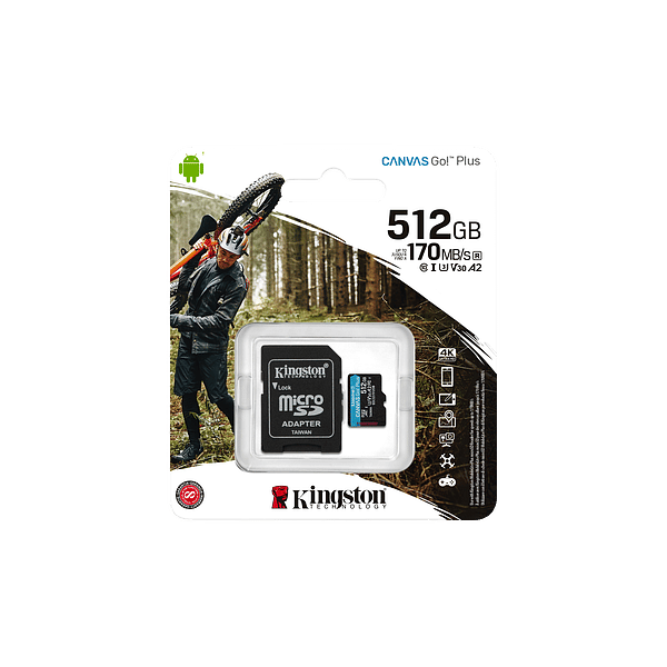 Kingston Canvas Go Plus 512GB  Tarjeta microSD UHSI U3 V30 A2 Memoria Clase 10 170MBs con Adaptador
