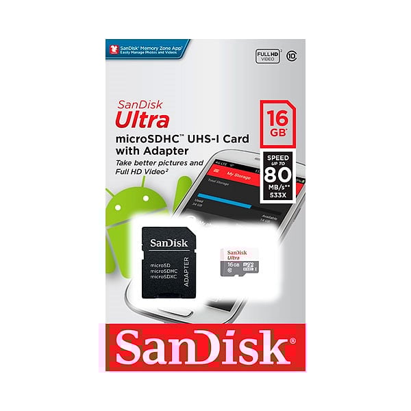 SanDisk Ultra Android 16GB 80MBs cadap  Tarjeta microSD