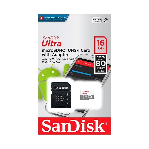 SanDisk Ultra Android 16GB 80MBs cadap  Tarjeta microSD